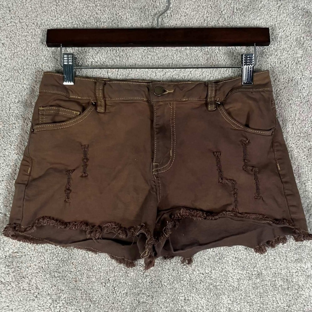 Angel Kiss Denim Shorts Women Size 9 Brown Distressed Frayed Hem Brown Grunge